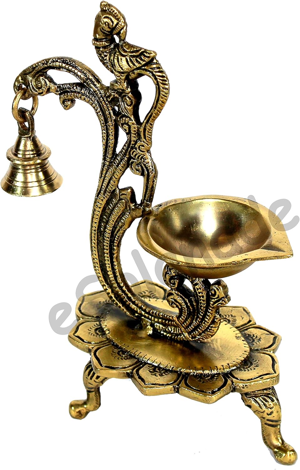 eSplanade - 8 - Peacock Diya with Bell - Lotus Shaped Round Brass Diya | Oil Lamp Deepam | Home Decor | Kuthu Vilakku | Oil Lamps for Home and Office